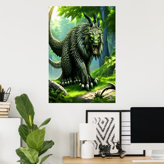 Poster Bête d'imaginaire vert dans la forêt | AI Art Post (Bureau à domicile)