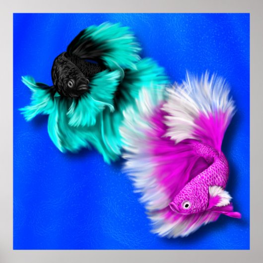 Poster Betta Fish Duo, noir & turquoise, blanc & rose (Devant)