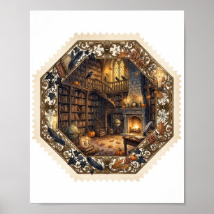 Poster Bibliothèque Ensorcelée Timbre Halloween Art Vinta