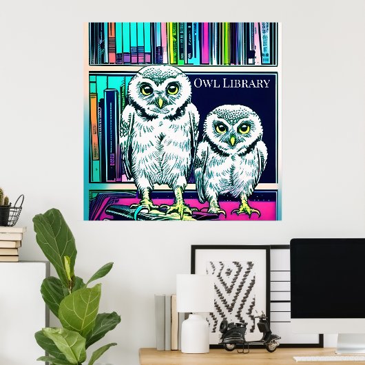 Poster BIBLIOTHÈQUE OWL deux chouettes, livres (Bureau à domicile)