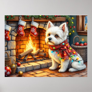 Poster Bichon Frise Cheminée avec Lumières de Noël