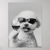 Poster Bichon Frise Holding Wine Wall Art, Black and Whit (Devant)