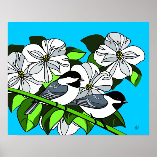 Poster Bickadee Parmi Les Fleurs De Dogwood (Devant)