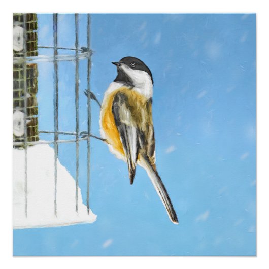 Poster Bickadee sur la peinture d'alimentation - Oiseaux (Devant)