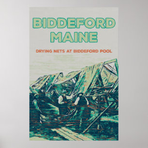 Poster Biddeford Maine États-Unis, scène de pêche vintage
