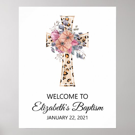 Poster Bienvenue à Baptism Watercolor Leopard Floral Cros (Devant)