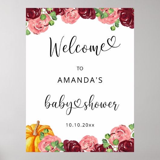 Poster Bienvenue à la baby shower automne floral Bourgogn (Devant)