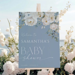 Poster Bienvenue à la baby shower avec des fleurs blanche
