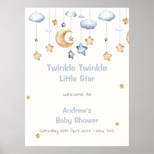Poster Bienvenue à la Baby Shower Bleue Élégante Twinkle  (Devant)