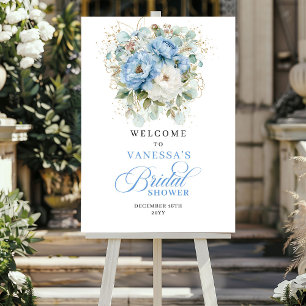 Poster Bienvenue à la Baby Shower Bohème Fleurs Bleues