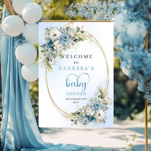 Poster Bienvenue à la Baby Shower Boho Dusty Blue Flowers