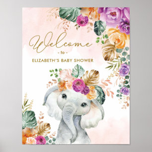 Poster Bienvenue à la Baby Shower de l'Éléphant Floral Tr