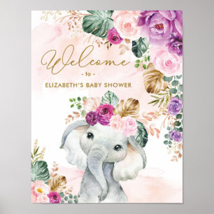 Poster Bienvenue à la Baby Shower de l'éléphant floral tr