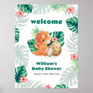 Poster Bienvenue à la Baby Shower Dino Bébé Fleur Tropica