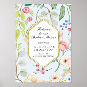 Poster Bienvenue à la Baby Shower Dusty Blue Floral Folia