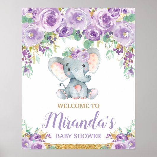 Poster Bienvenue à la Baby Shower Éléphant Floral Violet (Devant)