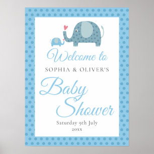 Poster Bienvenue à la Baby Shower Éléphants à Points Bleu