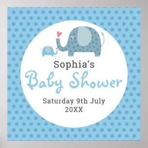 Poster Bienvenue à la Baby Shower Éléphants à Points Bleu