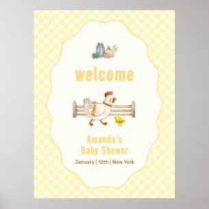 Poster Bienvenue à la Baby Shower Fermette à Vichy Jaune 