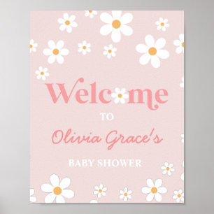 Poster Bienvenue à la Baby Shower Fille Rose Rétro Paix A