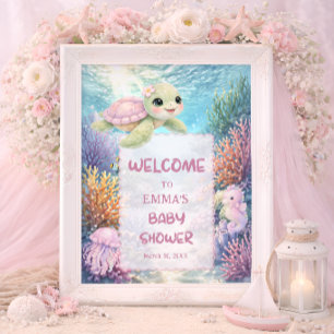 Poster Bienvenue à la Baby Shower Fille Tortue de Mer Mig
