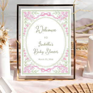 Poster Bienvenue à la Baby Shower Fleurie Rose Verte