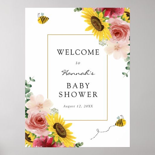 Poster Bienvenue à la Baby Shower Fleurs de Tournesol, Ro (Devant)