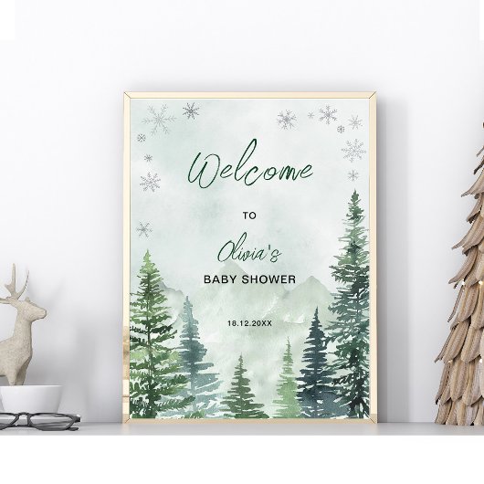Poster Bienvenue à la baby shower forêt d'hiver