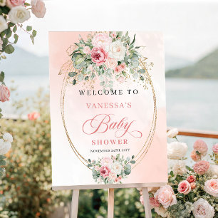 Poster Bienvenue à la Baby Shower Glam Bohème Fleurs Rose