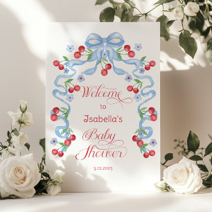 Poster Bienvenue à la Baby shower Little Cherry Blue Bow