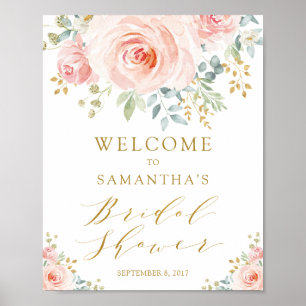 Poster Bienvenue à la Baby Shower Mariage Rose Pâle et Or