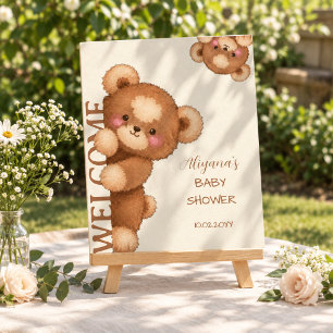 Poster Bienvenue à la Baby Shower Ours Brun Aquarelle