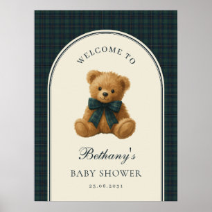 Poster Bienvenue à la Baby Shower Ourson à Carreaux Vinta