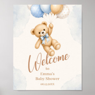 Poster Bienvenue à la baby shower Ourson aquarelle