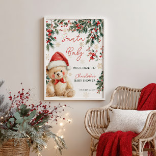 Poster Bienvenue à la Baby Shower Ourson de Noël Père Noë