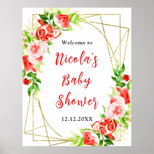 Poster Bienvenue à la Baby Shower Pastèque Grenade (Devant)