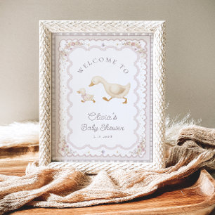 Poster Bienvenue à la baby shower pour un bébé oie mignon