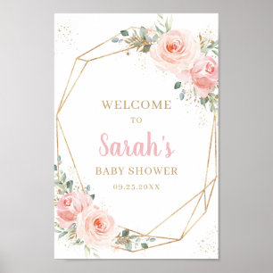 Poster Bienvenue à la Baby Shower Rose Floral Géométrique