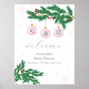 Poster Bienvenue à la Baby Shower tenue d'hiver rose Orne