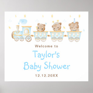Poster Bienvenue à la Baby Shower Train Bleu Ours
