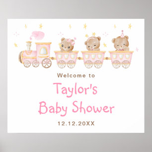 Poster Bienvenue à la Baby Shower Train Rose Ourson