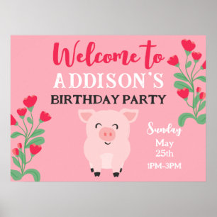 Poster Bienvenue à la fête d'anniversaire Filles Cochon F