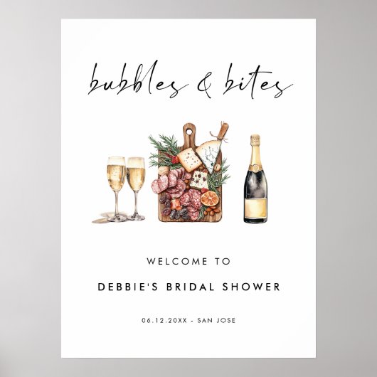 Poster Bienvenue à la fête de mariage Bubbles and Bites (Devant)