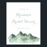 Poster Bienvenue à la Fête des mariées de la montagne ver<br><div class="desc">Cette affiche d'accueil pour la douche nuptiale de montagne verte est parfaite pour un wedding shower rustique. L'aménagement comprend une aquarelle peinte à la main dans la montagne verte,  inspirée d'un thème campagnard.</div>