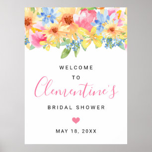 Poster Bienvenue à la fête prénuptiale florale rose et ja