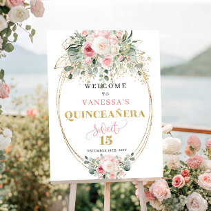 Poster Bienvenue à la Quinceañera Minimaliste Rose et Or