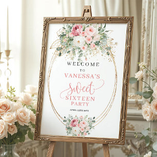 Poster Bienvenue à la Sweet Sixteen Rose et Or Élégante