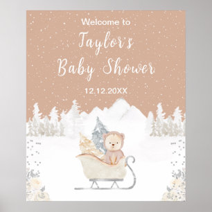 Poster Bienvenue à l'anniversaire de bébé ours brun d'hiv
