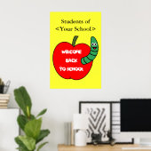 Poster Bienvenue à l'école Pomme rouge et ver vert (Bureau à domicile)