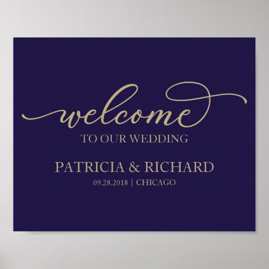 Poster Bienvenue à notre mariage Chic Or Script Bleu Mari (Devant)